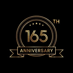 165th Anniversary logo design with gold color text and ribbon for celebration event, invitations, banners, posters, flyers, greeting cards. Line Art Design, Logo Vector Template