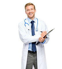 A handsome young doctor standing alone in the studio and writing on his clipboard isolated on a PNG...