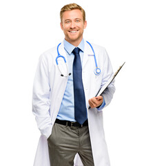 A handsome young doctor standing alone in the studio and holding his clipboard isolated on a PNG...