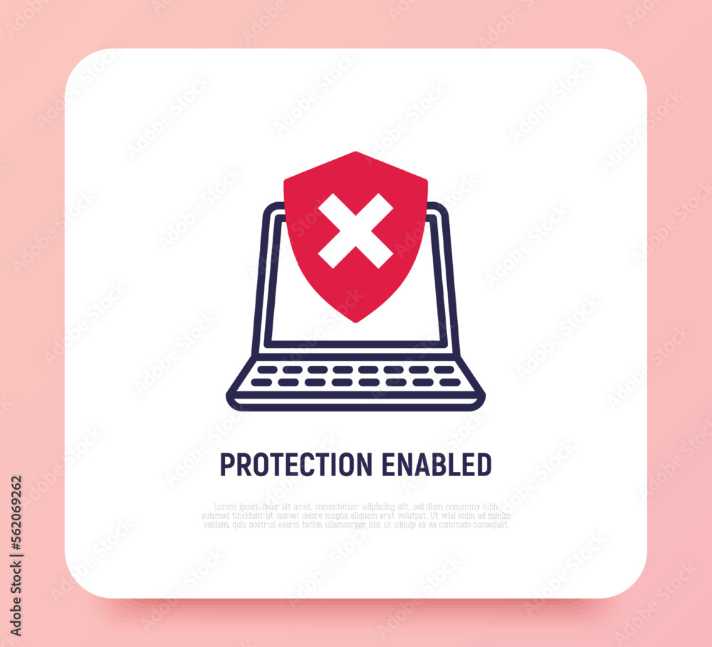 Poster protection enabled thin line icon. opened laptop is protected by shield with cross mark. vector illu