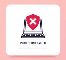 Protection enabled thin line icon. Opened laptop is protected by shield with cross mark. Vector illustration.