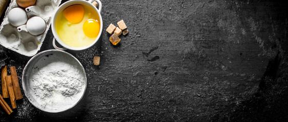 Flour with eggs and cinnamon sticks.