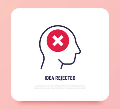 Idea Rejected: Man With Cross Mark In Head. Thin Line Icon. Negative Thinking. Disappointment. Modern Vector Illustration.