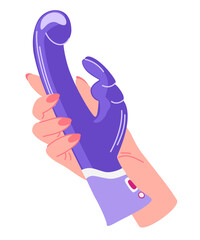 Obraz premium Woman's hand holds a vibrator. Sex toy doodle icon. Erotica excitement for adult male female. Modern flat vector illustration on white background.