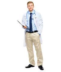 A handsome young doctor standing alone in the studio and holding his clipboard isolated on a PNG...