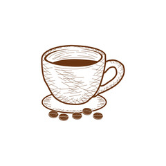 Cup of coffee and beans engraving style vector image