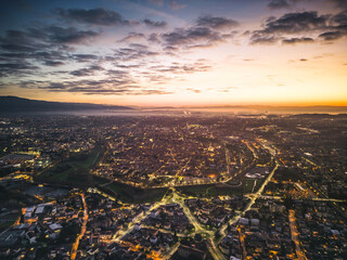 Lucca at dawn seen from the sky