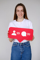 Cute young girl holding social media messages and followers icon