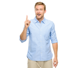 A handsome young man standing alone in the studio and pointing upwards isolated on a PNG background.