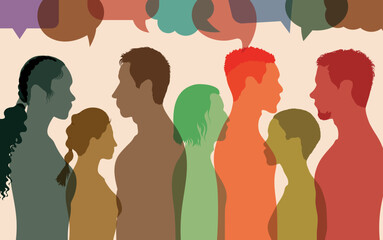 Communication on social networks. Multi-ethnic and multicultural people. Communicate ans speech bubbles.