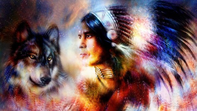 painting of a young indian warrior wearing a gorgeous feather headdress with wolf. Cosmic background. profile portrait.