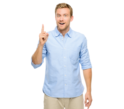 A handsome young man standing alone in the studio and pointing upwards isolated on a PNG background.