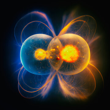 Subatomic particle collision illustration. Nuclear fusion concept. Generative AI