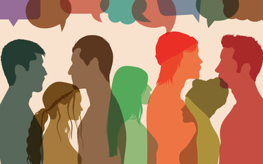 Multicoloured people. Communication and social networking. Conservation between group of people and Speech bubble.