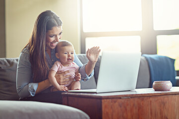 Mother, baby or waving on laptop video call in house or home living room in social distancing...