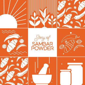 Chilly, Turmeric, Coriander pattern vector, Life of sambar powder in an illustrated way,