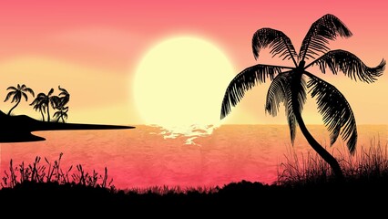 Palm trees silhouette on sea background in sun set - 3D Illustration