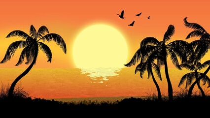 Palm trees silhouette on sea background in sun set - 3D Illustration