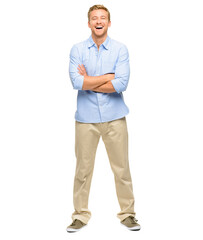 PNG of a handsome young model posing with his arms folded in studio. Fullbody confident happy...