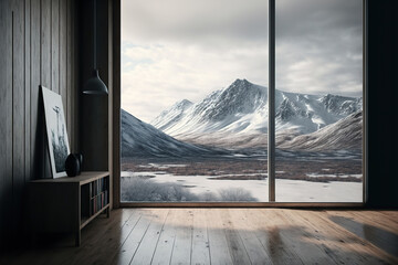 Modern minimalistic comfortable interior with a winter view through large windows. Viewing the snow covered mountains outside. Generative AI