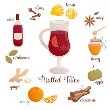 Glass with mulled wine and ingredients around. Flat cartoon illustration. Set of elements