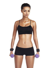 Fototapeta premium Dumbbells, fitness and body of woman in studio portrait with training, workout and exercise for health, wellness and goals. Focus, beauty and athlete in sports clothes isolated on white background