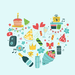 Birthday party isolated elements set in the shape of a heart. Hand drawn illustrations, Greeting card, invitation design elements. Cakes with candles, balloons. Holiday celebration, party decoration