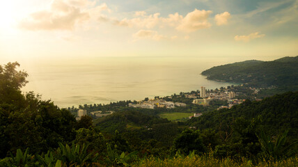 Obraz premium Kata beach viewpoint at sunset. Big Buddha Near. Important travel destinations in Thailand trip. Phuket, Thailand 