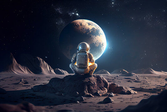 Picture of astronaut - man or woman in suit with helmet, meditating at lunar surface
