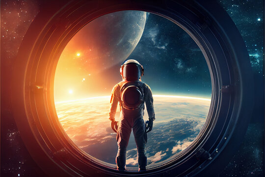 Picture of astronaut - man or woman in suit with helmet, in front of iluminator