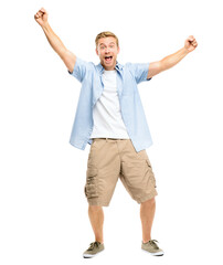 A handsome young man standing alone in the studio with his arms raised in celebration isolated on a PNG background.