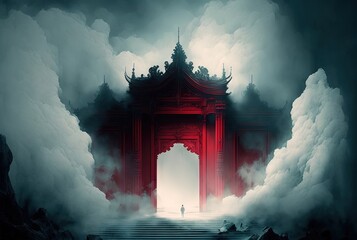 a person at gigantic red hell gate, ancient Chinese mythology the gate to spirit world or way path to demon town  Generative Ai - obrazy, fototapety, plakaty