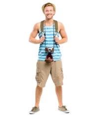 Deurstickers A handsome young tourist standing alone in the studio while carrying his camera and backpack isolated on a PNG background. © peopleimages.com