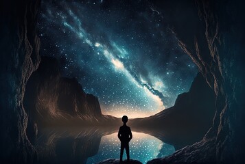 Fototapeta premium a child standing at cliff looking at beautiful starry sky at night, glitter glow galaxy sky at night time Generative Ai