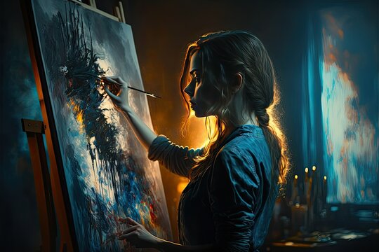 Talented Female Artist Works on Abstract Oil Painting, ai generated