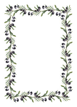 watercolor square frame background with black and green olives and leaves.