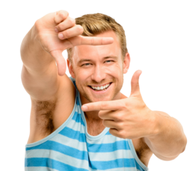A handsome young man standing alone in the studio and using his hands to frame his face isolated on a PNG background.