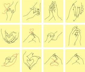 One line drawn holding hands. Saint Valentine's day vector seamless pattern