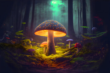 Fototapeta na wymiar Fantasy Mushroom Light Wallpaper in the Jungle Background