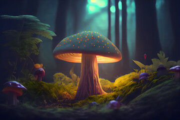 Fototapeta na wymiar Fantasy Mushroom Light Wallpaper in the Jungle Background
