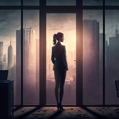 A businesswoman standing near a huge window in his office against the backdrop of skyscrapers.