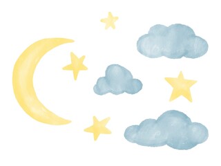 Moon stars and clouds painted in watercolor on a white background