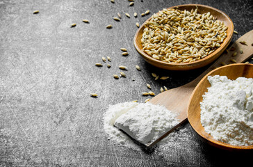 Flour and grain in bowls with wooden spatula.