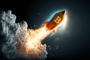 Bitcoin to the moon. Bitcoin Cryptocurrency on a rocket ship to moon