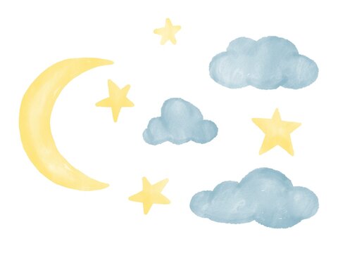 Moon stars and clouds painted in watercolor on a white background