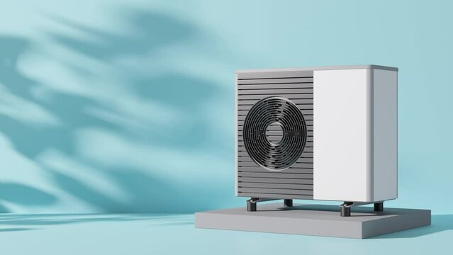 Air heat pump on blue background with leaves shadows. Modern, environmentally friendly heating. Save your money with air source heat pump. Empty, copy space for your text, advertising. 3d animation.