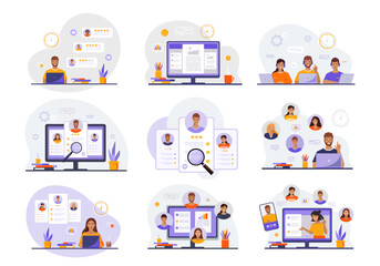 Business illustrations set. Collection of scenes with men and women taking part in business activities.