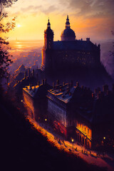 Naklejka premium A painting of the High Castle in Lviv, showcasing the city's rich history and stunning views from atop the hill