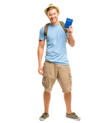 A handsome young tourist standing alone in the studio and holding his passport isolated on a PNG background.