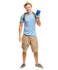 A handsome young tourist standing alone in the studio and holding his passport isolated on a PNG...